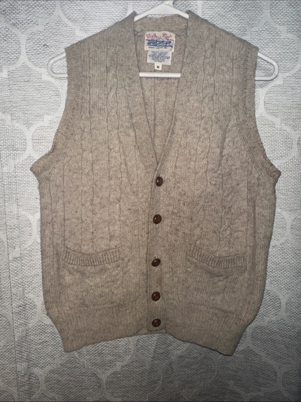 VTG 70s Tally Ho Cable Knit Sweater Vest Cardigan Button Front Oatmeal Cream UNI